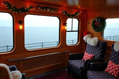 Cozy Christmas train interior with ocean view seating.