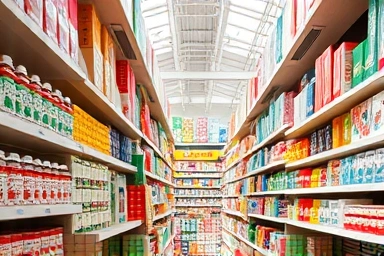 Colorful and busy Japanese Don Quijote store interior.