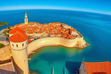 Dubrovnik Old Town walls overlooking Adriatic Sea at sunset