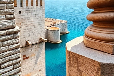 Close-up texture of Dubrovnik ancient stone walls and sea view