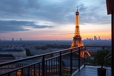 Parisian apartment balcony with Eiffel Tower view at dusk.