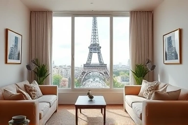 Cozy Paris Airbnb living room with Eiffel Tower view.