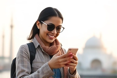 Traveler using smartphone with global data connection