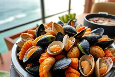 Freshly grilled clams and seafood on a table with ocean view.