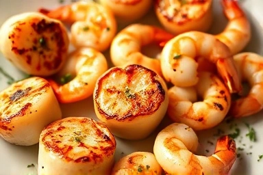 Appetizing grilled scallops and shrimp close-up.