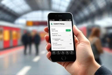Hand holding phone with train pass app at station.