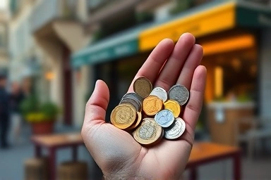 Handful of euro coins in front of a European cafe