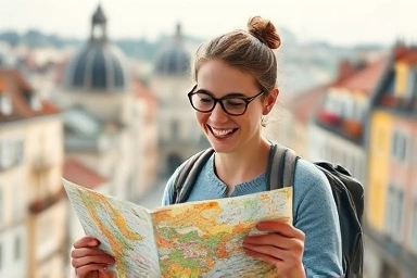 Backpacker planning a European adventure, feeling excited and free.