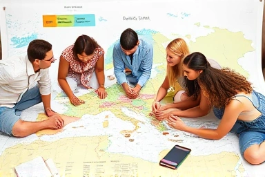 Travelers planning a budget European adventure with maps and coins.
