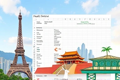 Organized travel checklist spreadsheet with global landmarks background.
