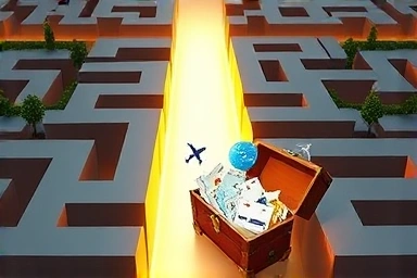 Maze with path leading to treasure chest of flight tickets.