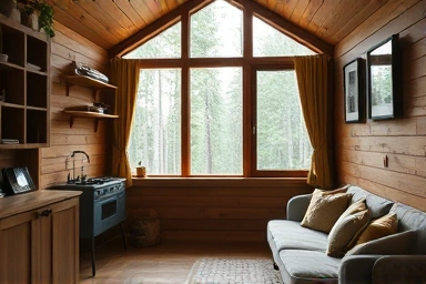 Cozy cabin interior, forest view, minimalist design.