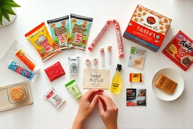 Organized Japanese shopping haul with snacks and cosmetics.