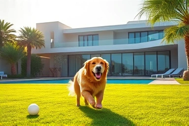 Dog playing at luxury private pool villa in Gangwon.
