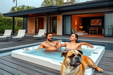 Couple and dog relaxing in private villa jacuzzi.