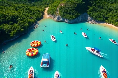 Vibrant aerial view of a bustling Gapyeong water sports park.