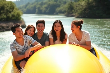 Excited friends and family enjoying a banana boat ride at Gapyeong.