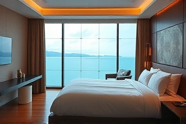 Elegant hotel room interior with stunning ocean view in Geoje