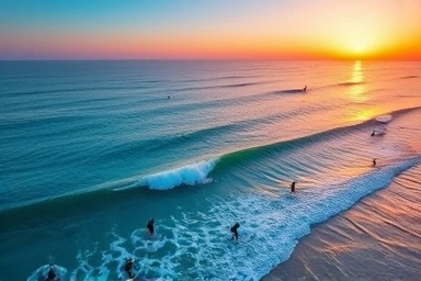 Surfers riding waves at sunrise on a Korean beach.