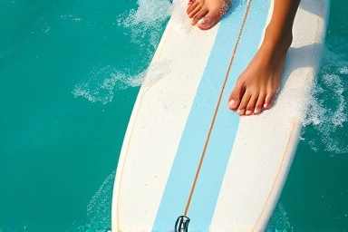 Close-up of surfer's feet on a surfboard in clear water.
