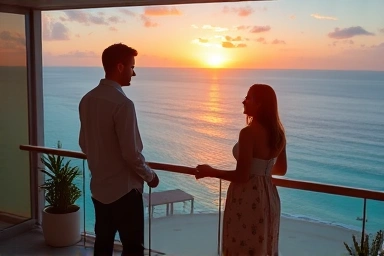 Pregnant couple enjoying a peaceful sunset view on a luxurious hotel balcony.