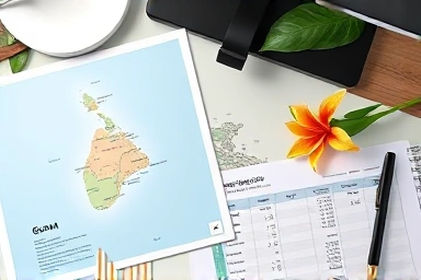 Travel planner's desk with Guam map and budget notes for a babymoon trip.