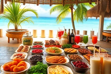 Abundant tropical resort buffet spread with ocean view