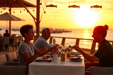 Family enjoying romantic sunset dinner at beachside resort restaurant