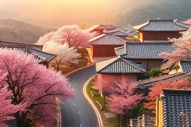 Aerial view of cherry blossom road and traditional Korean houses