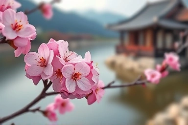 Close-up of cherry blossoms with serene river and mountain backdrop