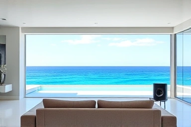 Modern luxury villa interior with ocean view and stylish decor