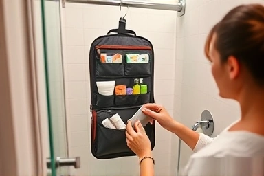 Hanging travel toiletry bag organized in a small bathroom