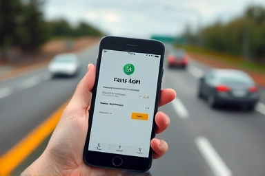 Smartphone, payment confirmation, blurred highway, convenience, quick resolution.