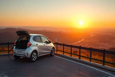 Electric car charging on highway at sunset