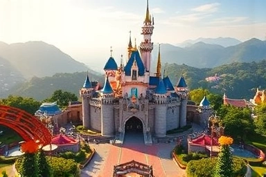 Hong Kong Disneyland aerial view with castle, magical atmosphere