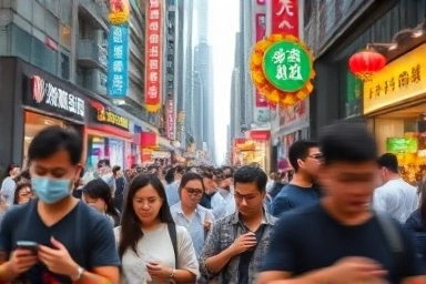 Hong Kong street scene with people using contactless payments