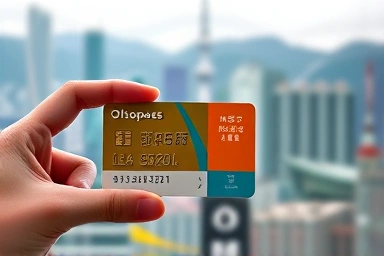 Hand holding Hong Kong Octopus card with landmarks in background