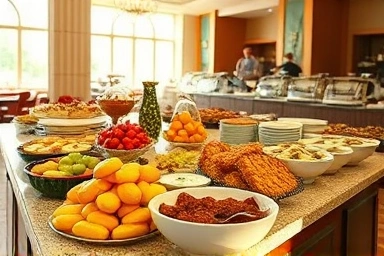 Luxurious hotel breakfast buffet with diverse food options.