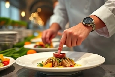 Chef preparing a gourmet dish at a hotel breakfast buffet.