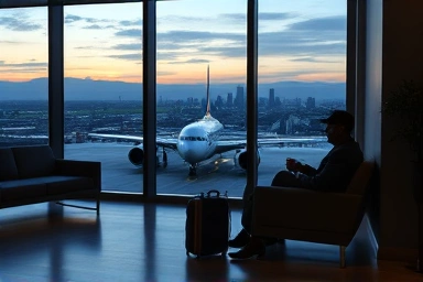 Traveler relaxing in hotel lobby before late flight.
