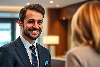 Hotel concierge assisting guest with check-out.