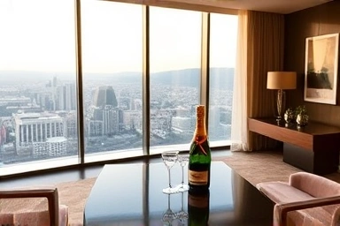 Luxurious hotel suite upgrade with city view and champagne.