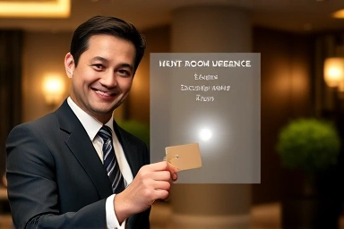 Hotel concierge offering a key card, symbolizing a room upgrade.