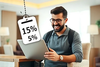 Traveler booking hotel with discount, saving money on accommodation.