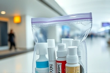Transparent bag with travel-sized toiletries at airport.