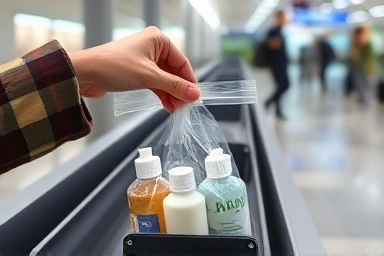 Traveler placing liquid bag in airport security scanner.