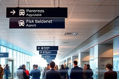 Modern airport terminal interior with clear signage for transportation.