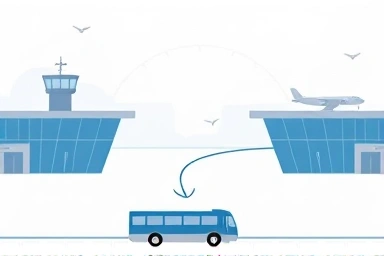 Symbolic representation of airport terminals connected by a shuttle service.