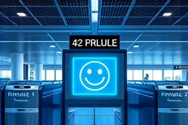 Futuristic airport departure gate with facial recognition technology.