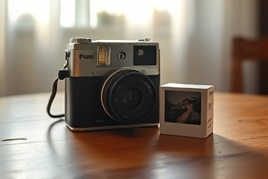 Vintage instant camera and film box, careful preservation.